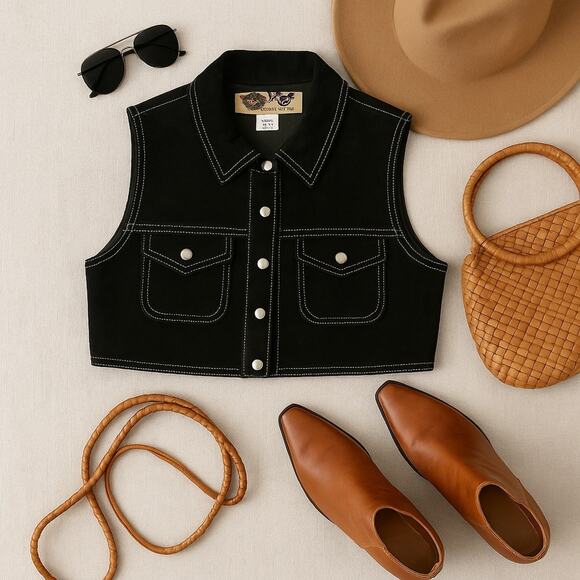 It’s Our Universe Suede Vest | Black Western Moto Crop Size Small - Picture 2 of 4